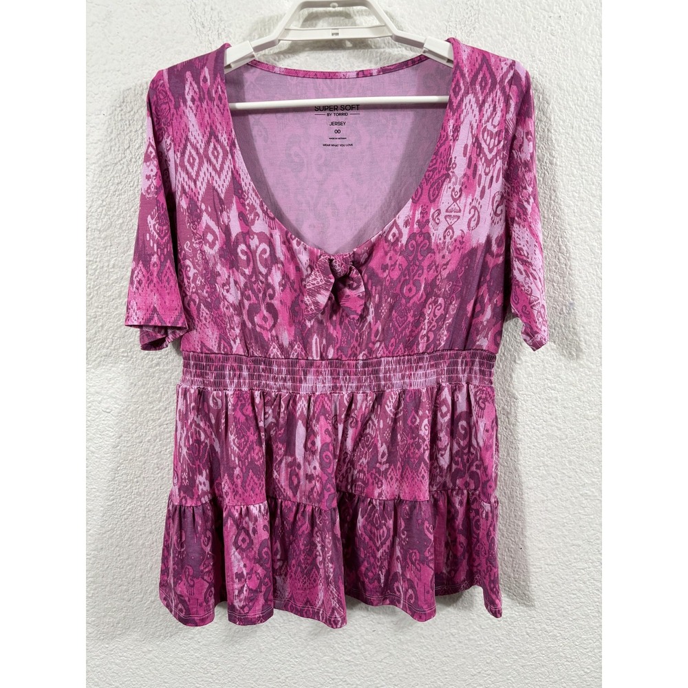 Torrid Shirt Womens 00 Pink Super Soft Jersey Babydoll Tie Front Ikat Top